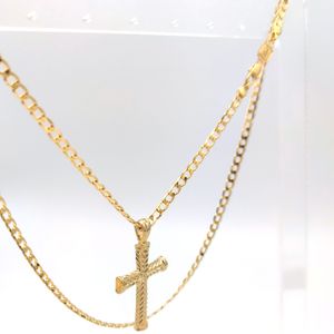 COLLIER PENDENTIF CROIX OR REMPLI D'OR VÉRITABLE 24 K Gourmette LONGUEUR CHAÎNE 60 CM