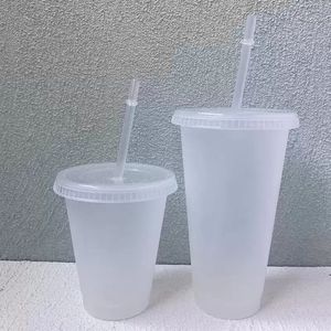 24oz Clear Cup Plastic Transparent Tumbler Summer Réutilisable Cold Drinking Coffee Juice Mug avec couvercle et paille FY5305 GG0216 Meilleure qualité