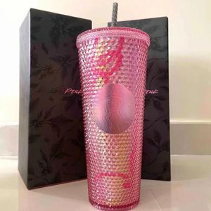 Tazas rosas de 24 oz rosa taza de paja tazón de agua de doble capa etiqueta estrella durian taza corbata tazón de diamante taza de café con paja reutilizable