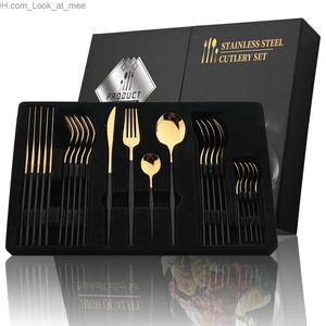 24Pcs Black Handle Golden Cutlery Set Stainless Steel Knife Fork Spoon Tableware Flatware Set Festival Kitchen Dinnerware Gift