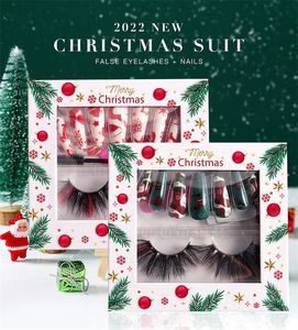 24 Unids Christmas Elk White Snowflake Makeup Sets Red Extraíble Usable Artificial Fake Nails Press On Nail Art con Colorful Mink Lashes Christmas