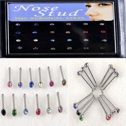 24pcs Mix Styles Strass Goujons Nez Piercing Mince Long Plug Tunnels Crevaison Corps Bijoux Accessoires