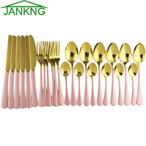 24Pcs Pink Gold Dinnerware Mirror Cutlery Set Kitchen Knife Spoon Fork Dinner Set 304 Stainless Steel Dinnerware Silverware Plated Tableware