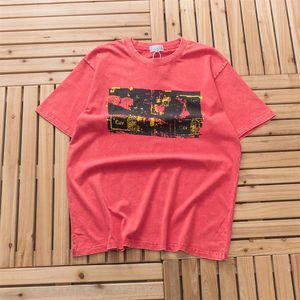 T-Shirt rouge délavé Vintage Hip Hop pour hommes et femmes, Streetwear surdimensionné, étiquette intérieure, 24SS