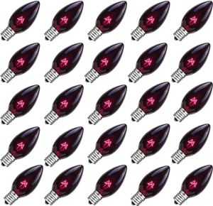 Lot de 25 ampoules LED de rechange C7 Halloween transparent noir violet clair lumières de Noël pour patio extérieur guirlandes lumineuses C7/E12 culot candélabre 5 W