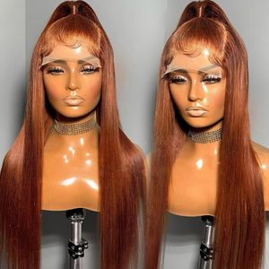 Pelucas de cabello humano Frontal de encaje liso 13x4 de densidad 250, peluca transparente de color marrón Chocolate y jengibre, pelucas sintéticas para mujeres