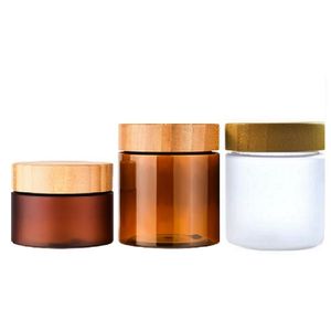 250g 250ml Matter Frosted Ambre PET Plastic Jar Cream Bottle avec couvercle en bois de bambou Bamboo Cap 150ml 150G Clear Cosmetic Packaging Containers Candy Pots