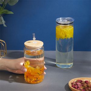 Vasos de cerveza de vidrio de sublimación de 25 oz Vasos de vidrio recto esmerilado transparente con tapa de bambú y pajita reutilizable