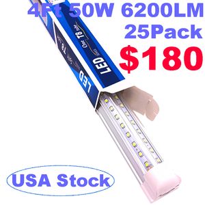 25PCS 4ft LED Shop Light Fixture 50W 6200lm Clear Lens Clear Cover V Shape 2 Row V Shape Lámpara de bombilla integrada LED Cooler Door Lights crestech