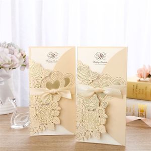 25pcs Gold Laser Cut Mariage Invitations Cartes Cartes de vœux Coeur Rose Personnalisez les enveloppes avec la décoration de fête de mariage ruban 201214