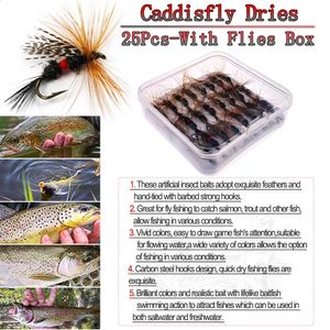 25pcsbox Caddisfly Dries Fishing Fly Lure Artificial Insect Ceba Trout 240327