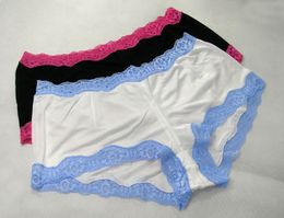 Sexy Silk Knitted Underwear Women's Boyshorts W/ Lace Boy Panties Solid Size US L XL XXL