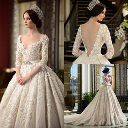 Rami Salamoun Luxury A Line Wedding Dresses V Neck Illusion Appliques Half Sleeve Vintage Wedding Dress Backless Dubai Arabic Bridal Gowns