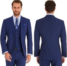 Classic Blue Groom Tuxedos Notch Lapel Slim Fit Groomsmen Mens Wedding Dress Excellent Man Jacket Blazer 3 Piece Suit(Jacket+Pants+Vest+Tie)