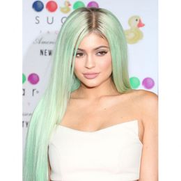 Fast shipping silk straight heat resistant synthetic hair wig two tone ombre black to mint green synthetic lace front wig