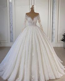 2022 Bling Luxury Ball Gown Wedding Dresses Bridal Gowns Lace Appliques Jewel Neck Long Sleeves Illusion Crystal Beading Floor Length Vestidos De Novia Plus Size
