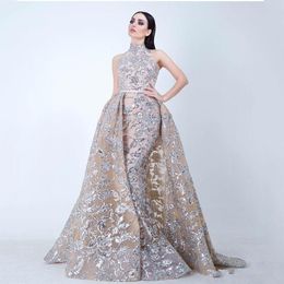 Moroccan Kaftan Vintage Champagne Sequined Evening Dresses Detachable Skirts 2022 Yousef Aljasmi Dubai Arabic High Neck Formal Party Gowns Plus Size Prom Dress