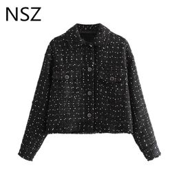 NSZ women tweed crop top jacket cropped coat long sleeve turn down collar white polka dot black fashion outwear overshirt femme 201029