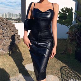 Casual Dresses Black PU Leather Knee Length Bodycon Dresse Women Spaghetti Slim Party Elegant Lady Backless Summer Dress Sexy Clothes