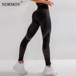 NORMOV Fitness Legging Seamless High Waist Push Up Leggins Black Hollow Out Breathable Quick-drying Workout Femme Jegging 211221