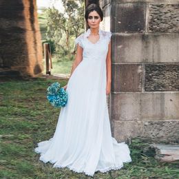 Hot Selling High Neck Cap Sleeves Pregnant Bridal Gown with Train Cheap A Line Vestido Empire Waist Chiffon Lace Wedding Dress