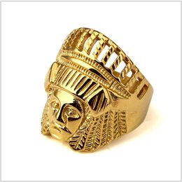Big Men's Stainless Steel Gold Colour Tribal Native Indian Chief Head Ring Big Band Ring Size 7-14 Available Hip Hop Ring