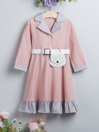 Toddler Girls Striped Ruffle Hem Belted Shirt Dress With Belt Bag SHE