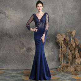 evening dresses sexy v-neck appliques beading mermaid Prom dress floor length in stock evening gown with long sleeves