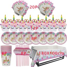 57pcs Unicorn Party Accessories Supplies Rainbow Unicorn Paper Plates Cups Baby Shower Girl Birthday Party Decorations For Kids Y200903