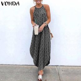 2020 VONDA Women Sundress Sleeveless Irregular Hem Holiday Long Dresses Polka Dot Print Split Dress Casual Vestidos Plus Size