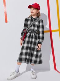 Girls Plaid Print Belted Shirt Dress Without Bag SHE