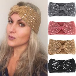 New Winter Warmer Ear Knitted Headband Bow Rhinestone Headwear For Women Girls European Solid Turban Hair Band Head Warp