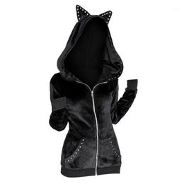 New Arrival Cat Lovers Women Hooded Gothic Coats Rivet Ear Pockets Zip Jackets 4 Colours Plus Size S~3XL Long Sleeves Outwear1