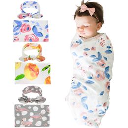 Newborn Baby Swaddling Blankets with Bunny Ear Headbands Infant Floral Swaddle Wrap Blanket Hairband Set Baby Cotton wrapping cloth BHB18