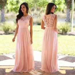 2021 Pink Chiffon Long Bridesmaid Dresses Lace Appliqued Bodice Pleats A Line Long Wedding Party Gowns Zipper Sheer Back