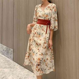 Vintage Floral Women Chiffon Summer Dress Holiday Short Sleeve V Neck Bodycon Vestidos Chic Japanese Kimono Robe 210601