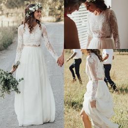 Bohemian Summer Long Sleeve Wedding Dresses Cheap Two Piece Lace Chiffon Bridal Gowns 2021 New Boho Beach Wedding Dress Vestidos de Novia