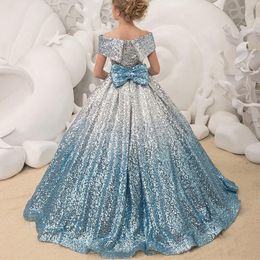 Cute 2021 Flower Girl Dresses Off Shoulder Ball Gown Lace Appliques Tiered Skirts Girls Pageant Dress A Line Kids Sequined Birthday Gown