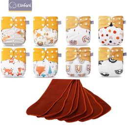 Elinfant New Matching waterproof baby pcoket 8 pcs mesh cloth diapers and 8pcs coffee fiber inserts 210312