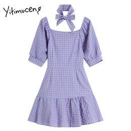 Yitimuceng Purple Plaid Dresses Women Summer Ruffles Zipper Puff Sleeve High Waist Square Collar Korean Fashion Dress 210601