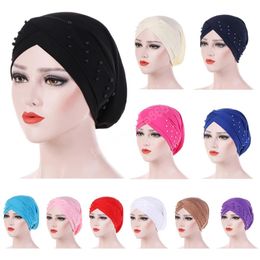 Women Elastic Turban Hat Muslim Hijab Islamic Beads Cancer Chemo Cap Ladies Hijab Stretch Head Wrap Head Scarf Inner Cap Fashion