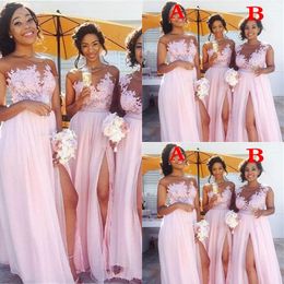 Sexy Country Cheap Blush Pink Bridesmaid Sheer Jewel Neck Lace Appliques Maid Of Honour Dresses Split Formal Evening Gowns Wear