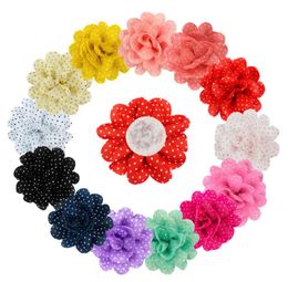 3.1" 13 Colours Classic Polka Dot Chiffon Rose Rosette Tulle Fabric Flower Flat Back For hair acessories Wedding Accessories