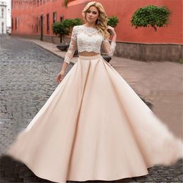 Two Piece Champagne Wedding Dresses A Line 2021 Lace Appliques Illusion Top 3/4 Long Sleeve Garden Country Wedding Dress Cheap Vestidos