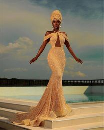 Aso Ebi Style Glitter Gold Arabic Mermaid Evening Dresses Sequined Backless Sexy Spaghetti Prom Dress Formal Party Second Reception Gowns Custom RobesDe Soirée