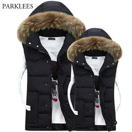 Winter Mens Vest Fur Hooded Casual Sleeveless Outwear Solid Warm Thick Hommes Veste Men/Women Hat Detachable Cotton-Padded Vests 210524