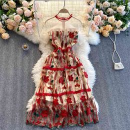 Spring Retro Vestidos Female Embroidered Flowers Flesh-colored Mesh Short-sleeved Waist and Thin Ruffle Midi Dress C494 210507