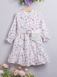 Toddler Girls Floral Print Flounce Sleeve Ruffle Hem Belted Dress With Bag SHE