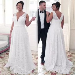 Plus Size Lace Wedding Dresses Vintage Bridal Gown Simple Sweep Train Scalloped V Neck Custom Made Sleeveless African Country Ve De Novia 403 E E e