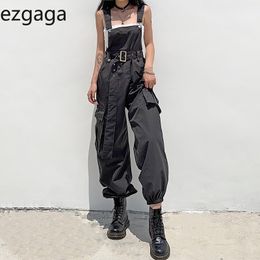 Ezgaga Rompers Womens Jumpsuit Sleeveless Autumn Big Pocket High Waist Cargo Overalls Belt Solid Straight Loose Streetwear 210430